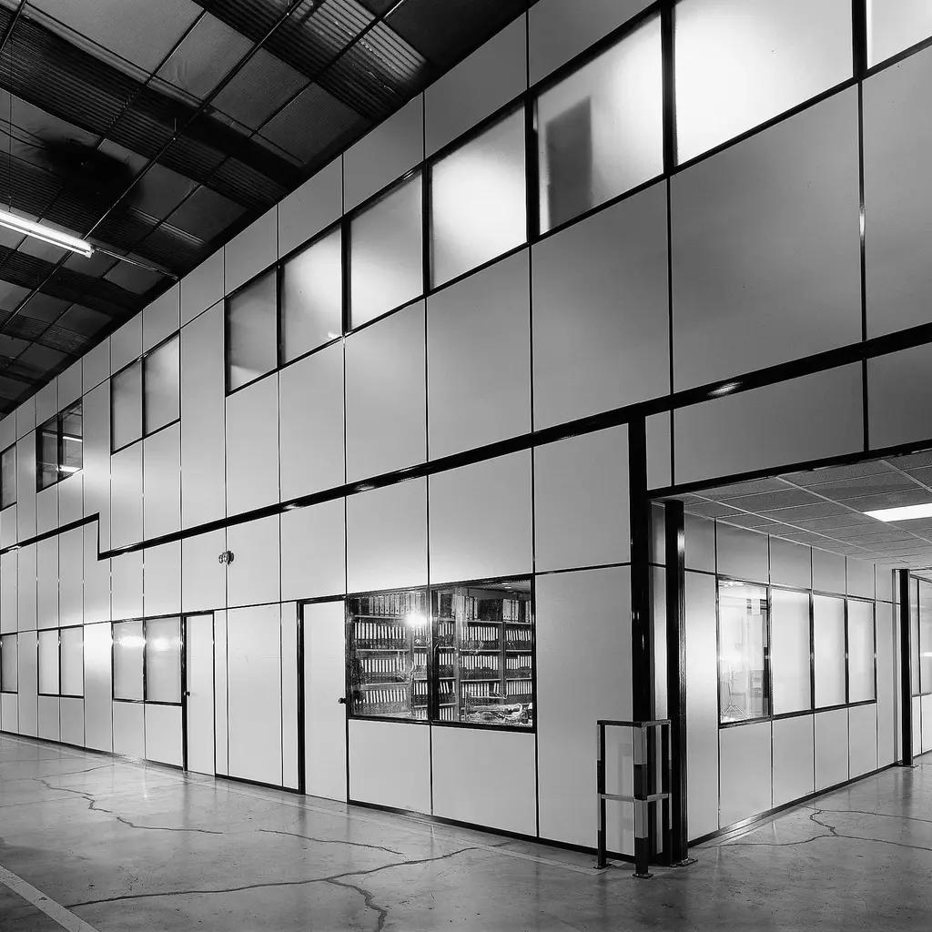 Vista frontal de una moderna estructura de entrepiso en un espacio comercial, iluminada por luces interiores.